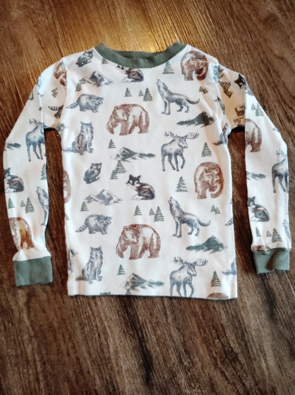 Neutral Woodland Animal Baby Pajama Top in White, Brown & Green